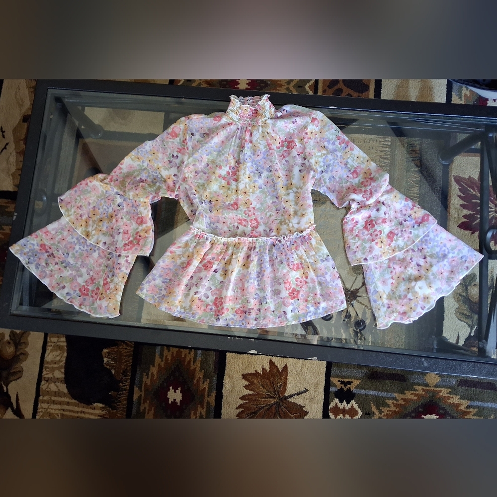 Floral BoHo Bell Sleeve Blouse Multi Color
